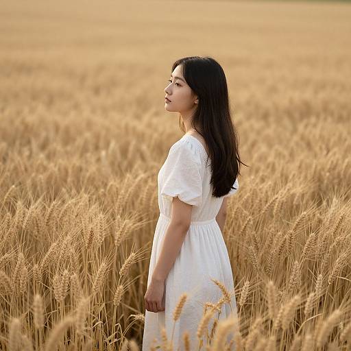 Photograph of an Asian woman with long black hair, wearing a white dress, standing in a golden wheat field, looking forward.