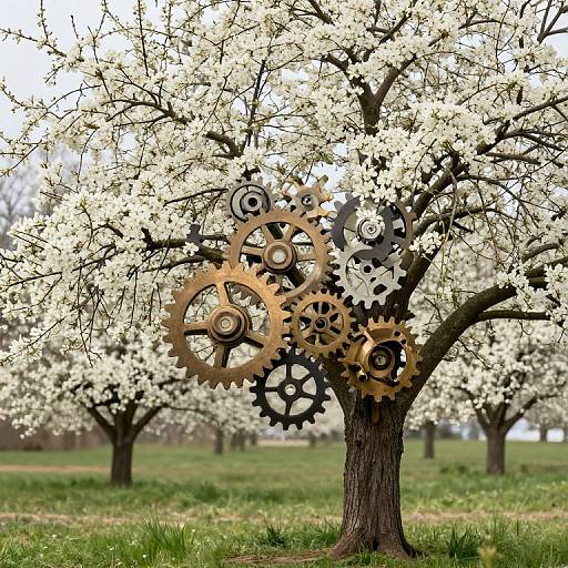 Photograph of a blooming white cherry tree with large interlocking gears inside its branches, set in a grassy orchard.