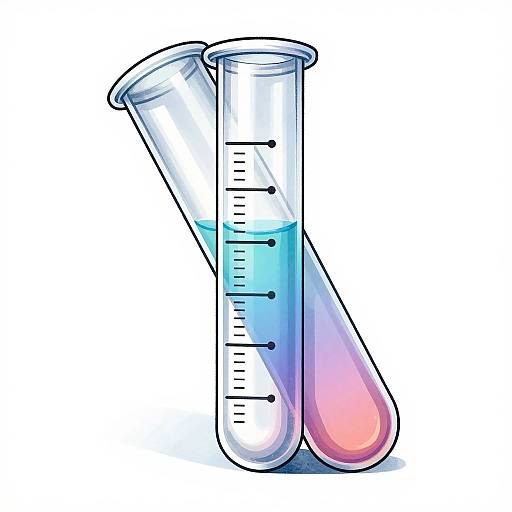 Digital illustration of two laboratory test tubes: one with blue liquid, the other with pink, both marked with measurement lines, standing against a white background.