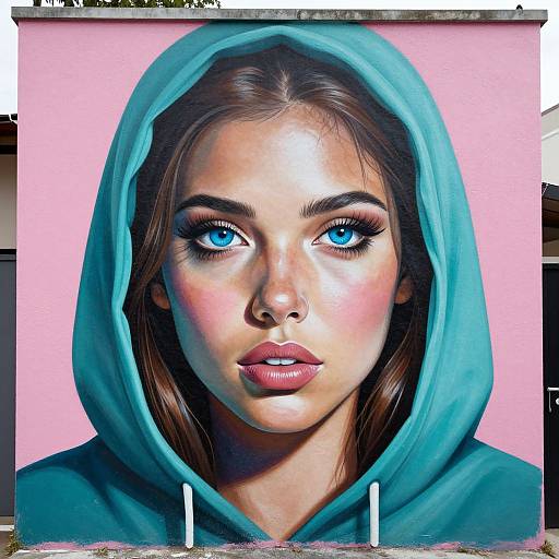 Hyper-realistic digital portrait of a young woman with striking blue eyes, wearing a teal hooded sweatshirt, against a pink background.