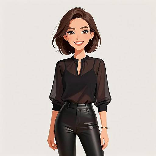 Digital anime-style drawing of a smiling woman with short brown hair, wearing a black blouse and high-waisted black leather pants.