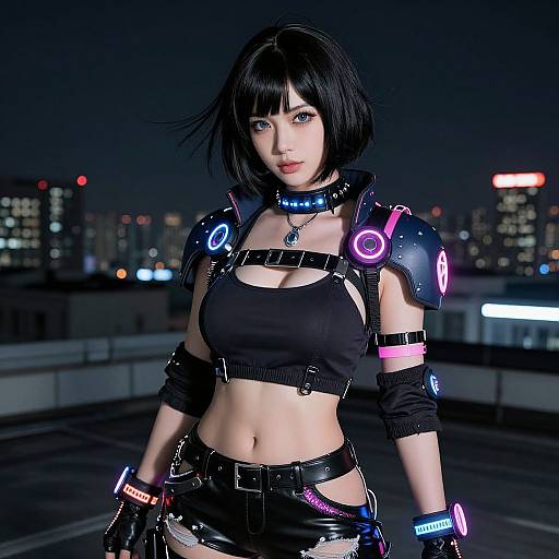 Neon-lit photograph of an Asian woman with black bob hair, wearing a black crop top, leather harness, and neon-accented armor,