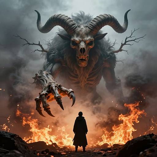 Digital artwork: Silhouetted warrior stands before roaring fire, facing massive, demonic, horned creature with sharp claws emerging from smoky darkness.