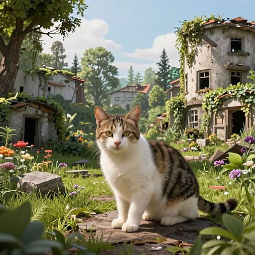 Photorealistic CGI: A white and brown tabby cat with green eyes sits on a sunlit, flower-filled path between rustic, vine-covered houses