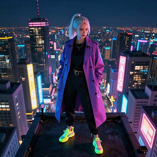Cyberpunk-style photograph of a blonde woman with a high ponytail, wearing a purple coat, black outfit, neon yellow-green sneakers, standing on