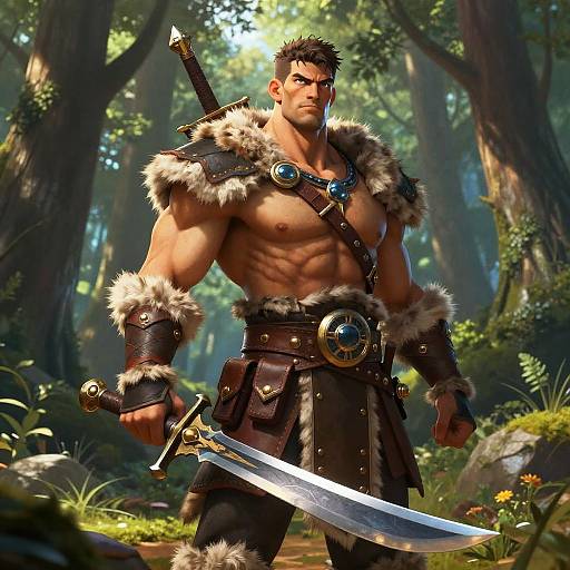 Muscular, shirtless warrior with fur-trimmed armor and sword in forest, sunlight filtering through trees. CGI, fantasy style.