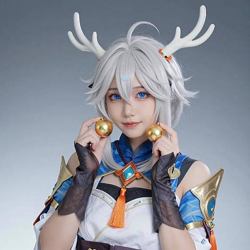 Cosplayer with White Hair and Ornaments