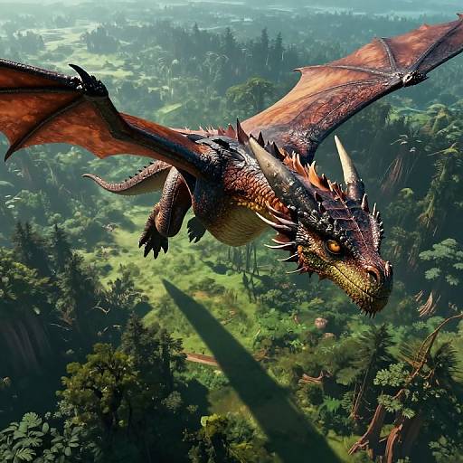 Digital artwork of a fierce, dark-red dragon with orange wing membranes soaring over a lush, green forest landscape. Sunlight casts dramatic shadows below.