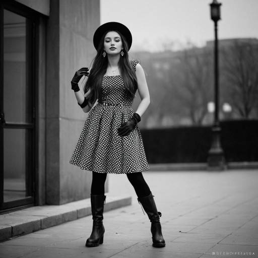 Monochrome Portrait of Fashionable Woman in Polka Dot Dress