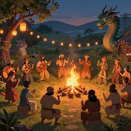Illustration of a nighttime village gathering around a campfire, musicians playing, dragon watching, string lights, mountains in the background.