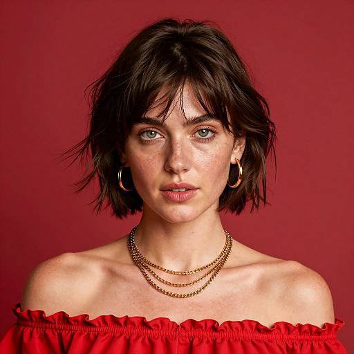 Portrait of woman in red off-shoulder top