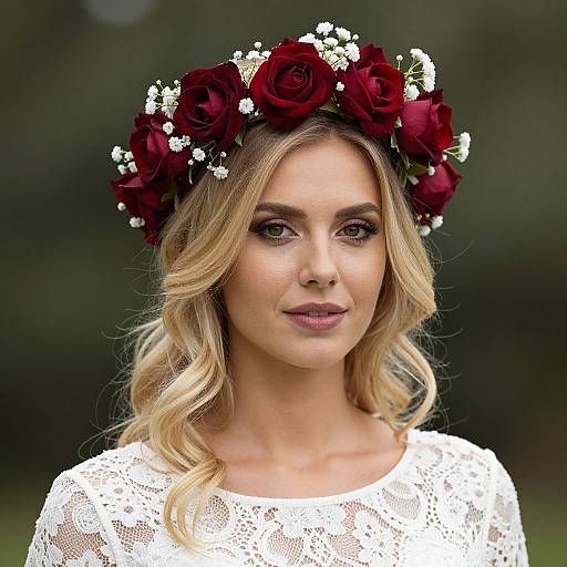 Photograph of a blonde woman with wavy hair, wearing a white lace top and a red rose and small white flower crown, against a blurred green