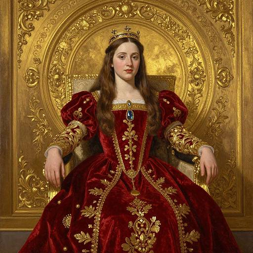 Regal portrait of a young woman with long brown hair, wearing a red velvet gown adorned with gold embroidery, and a gold crown, seated on an