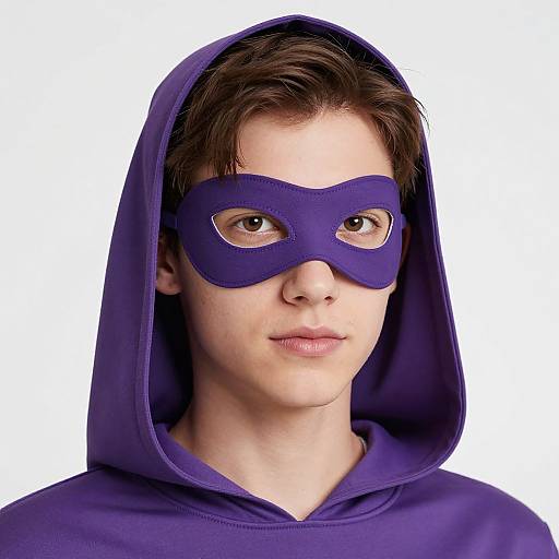 Photograph of a young Caucasian man with brown hair, wearing a purple hooded cloak and matching mask, against a white background.
