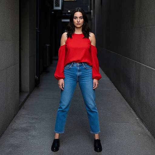 Photograph of a confident woman with long black hair, wearing a red off-shoulder sweater, blue high-waisted jeans, and black shoes
