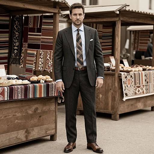 Photograph of a serious, dark-haired man in a black pinstripe suit, white shirt, and patterned tie, standing in front of wooden