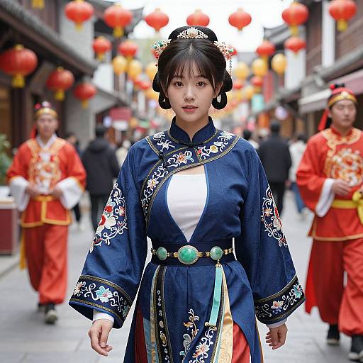 Photograph of an Asian woman in traditional navy blue Chinese dress with floral embroidery, standing in a street festival, surrounded by red-clad performers and red
