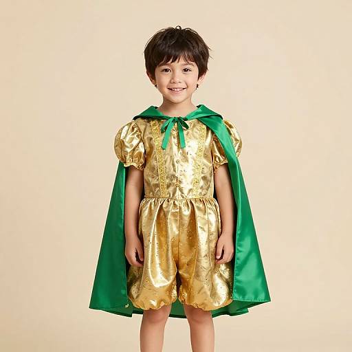 Photograph of a smiling young boy with short black hair, wearing a gold, shiny, puffed-sleeve dress and a green cape.