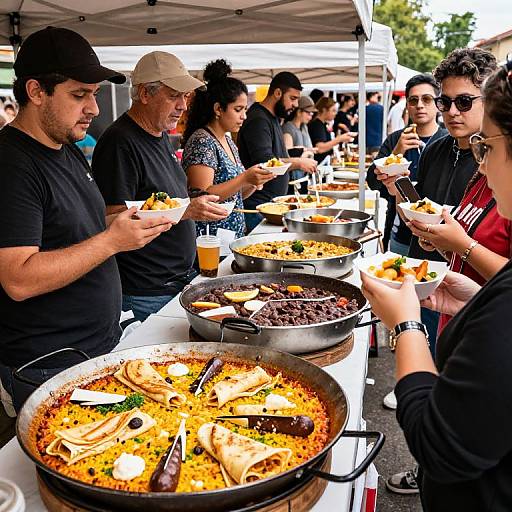 Photograph of diverse people eating from large, colorful bowls at an outdoor food festival, under white tents, with vibrant, spicy dishes.