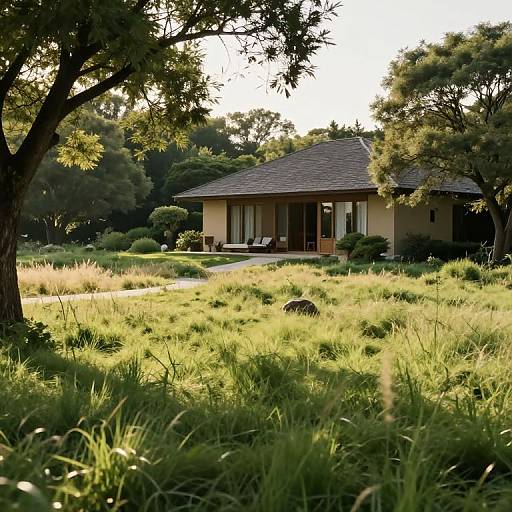 Photograph of a sunlit, single-story house with a brown roof, surrounded by lush, green grass and trees, casting dappled shadows.