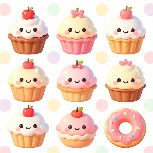 Cute digital illustration of nine chibi-style cupcakes with smiling faces, topped with cherries, pink icing, and sprinkles, arranged in a 