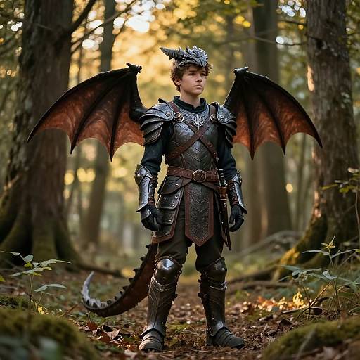 Photorealistic CGI image of a young boy with dragon wings, wearing detailed medieval armor, standing in a sunlit forest path.