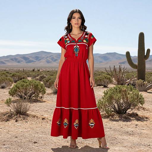 Photograph of a woman with dark curly hair, wearing a red dress with colorful embroidery, standing in a desert with cacti and mountains in the