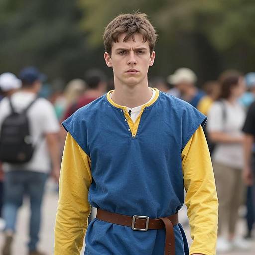 Young Man in Medieval Tunic Costume Outdoors