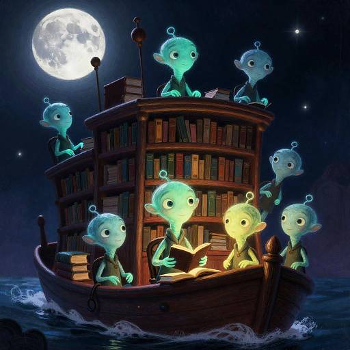 Moonlit Library Ship of Bioluminescent Librarians