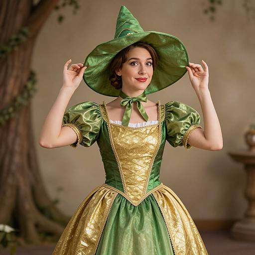 Photograph of a fair-skinned woman in a green and gold fairy tale-style dress, wearing a pointed wizard hat, adjusting it with a smile,