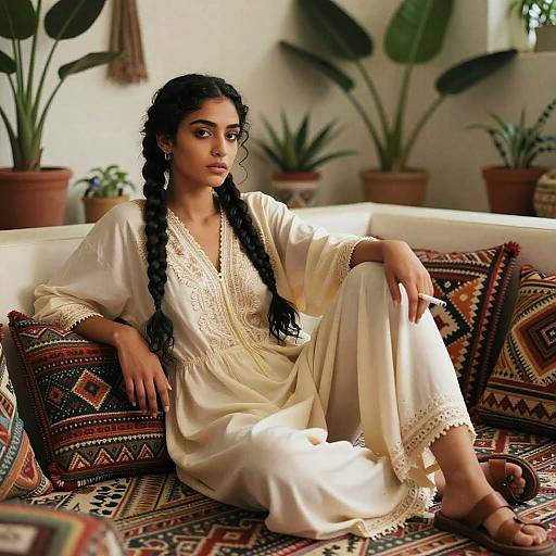 Thoughtful Middle Eastern Woman in Bohemian Room