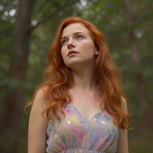 Photograph of a fair-skinned, red-haired woman with wavy hair, wearing a shimmering, pastel-colored dress, looking upward in a