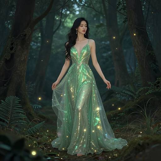 Photograph of a long-haired woman in a shimmering, green, V-neck, sequined gown in a dark, enchanted forest with glowing fireflies
