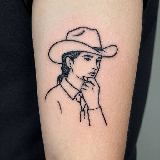Black and white line tattoo of a man with a cowboy hat, long hair, and thoughtful expression, touching chin.