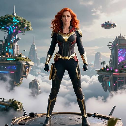 Heroic Woman in Futuristic Cityscape