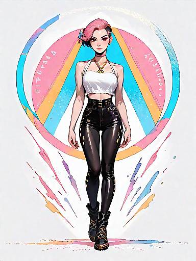 Chic Woman in Pale Pink Halter Crop Top and Black Faux Leather Leggings