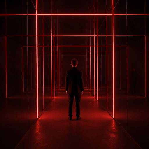 Photograph of a silhouetted man standing in a dark, neon-lit corridor with red, grid-like light frames creating a futuristic, surreal