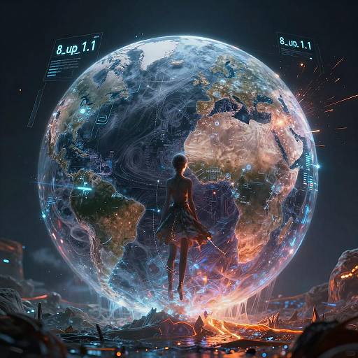 Digital art: Silhouetted girl in a dress stands before a glowing, cybernetic Earth with circuitry, time displays, and fiery landscape