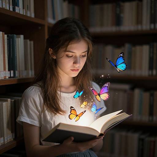 Photograph of a young girl with long brown hair, wearing a white shirt, reading a book in a dimly lit library, surrounded by glowing,