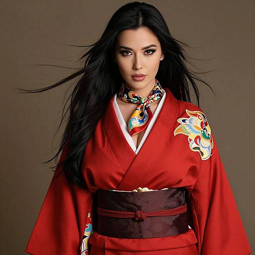 Photograph of a confident woman with long black hair, wearing a vibrant red kimono with colorful floral embroidery, and a matching scarf, against a plain