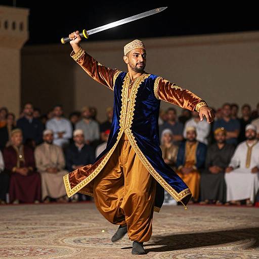 Photograph of a bearded man in traditional Punjabi attire, holding a sword aloft, performing a dance in front of a seated audience.