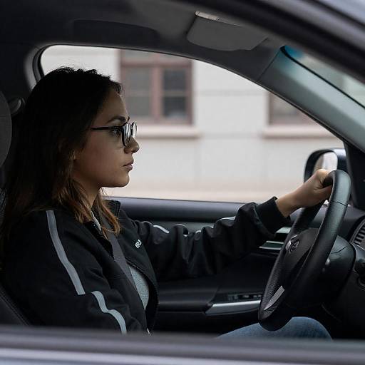 Focused Young Woman Driving Through City