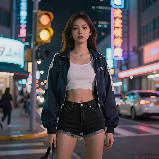 Young Woman on Neon-lit City Street at Night