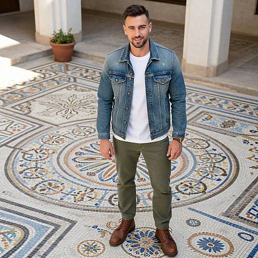 Photograph of a bearded man with short dark hair, wearing a denim jacket, white t-shirt, olive green pants, and brown boots, standing