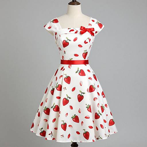 Photograph of a vintage-style, white, short-sleeved, strawberry-patterned dress with a red belt, displayed on a mannequin against