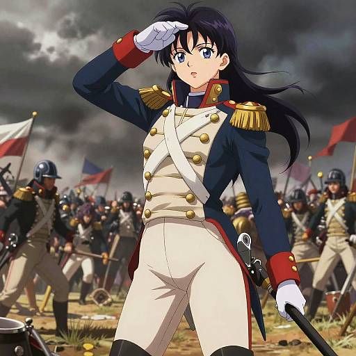 Anime-style digital illustration of a female soldier in a blue and white military uniform saluting, with a cloudy battlefield background and armed soldiers behind her.