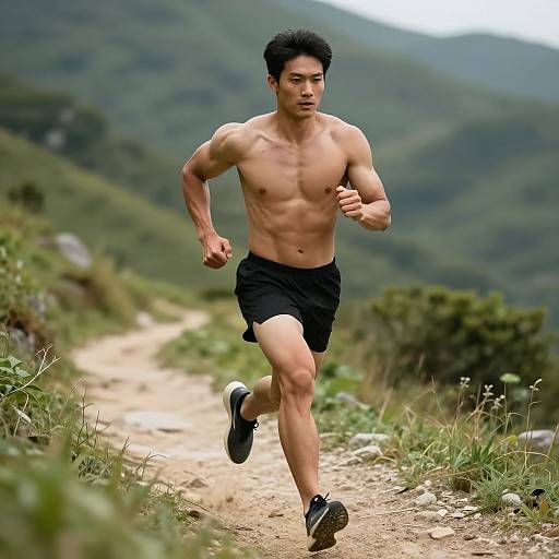 Photograph of a muscular, shirtless Asian man running on a mountain trail, wearing black shorts and black running shoes, with a lush, green h