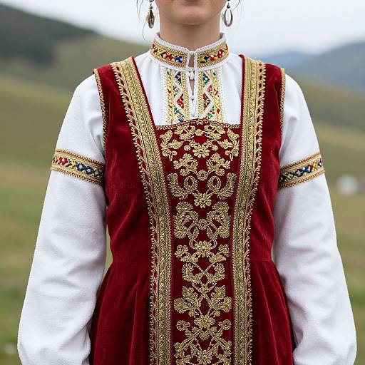 Photograph of a woman wearing a detailed, red velvet traditional dress with gold embroidery, white long-sleeve blouse, and colorful collar, outdoors with