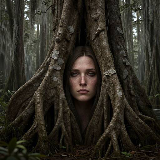 Photograph of a serious-faced woman with pale skin and piercing blue eyes, framed by large, twisted tree roots in a dense, dark forest.