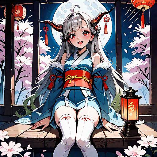 Anime-style digital drawing of a cute, silver-haired girl with red horns, wearing a blue kimono, white stockings, and red obi, sitting